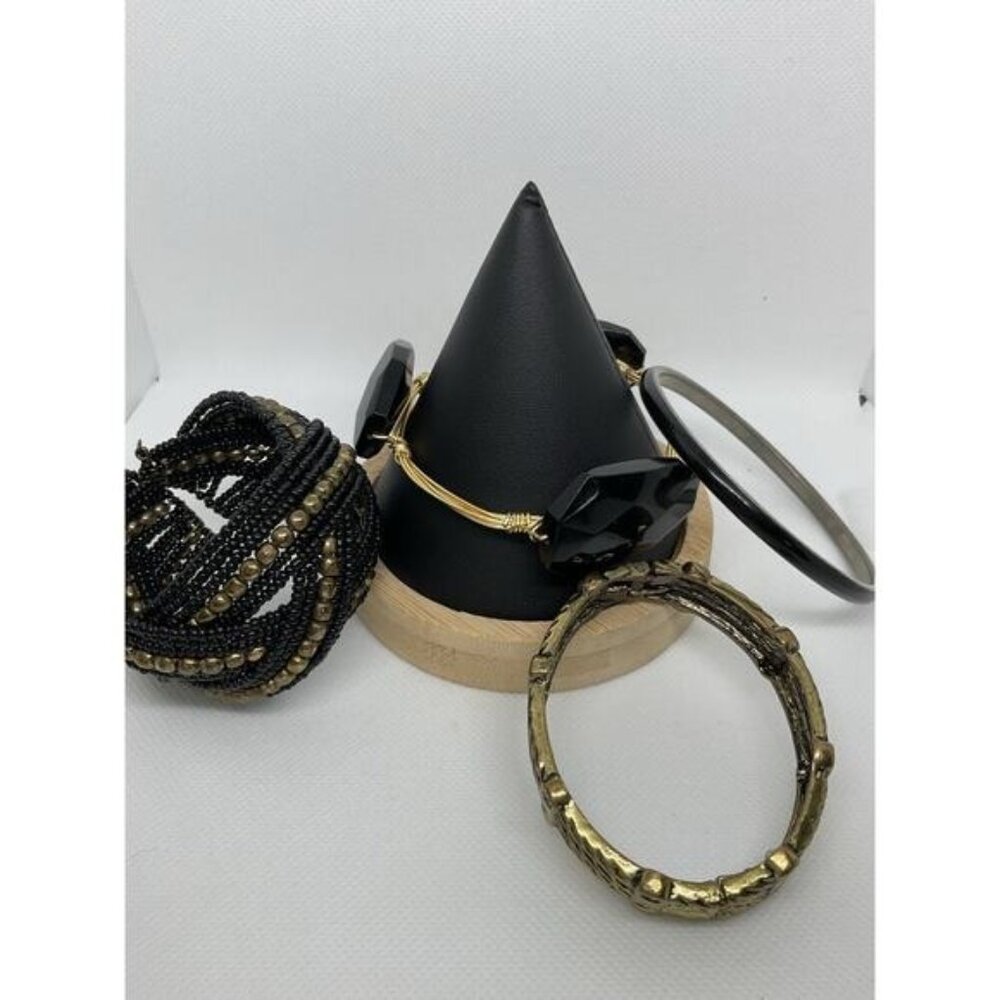 Set Of 4 Womens Bracelets Black & Gold Beaded Bangle And Gemstone Style
